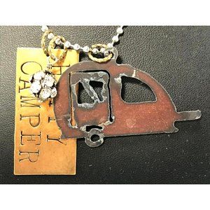 Handmade Mixed Metal Happy Camper Necklace Dog Tag Trailer Rhinestone Ball Chain